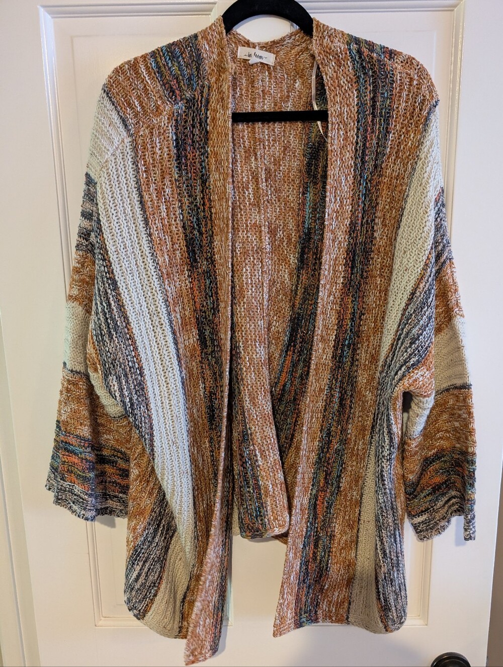 In Bloom Multicolor Open-Front Striped Knit Cardigan - Tan, Cream, Blue Accents